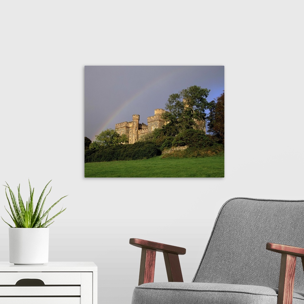 A modern room featuring Lews Castle with rainbow, Stornoway, Lewis, Outer Hebrides, Scotland, UK