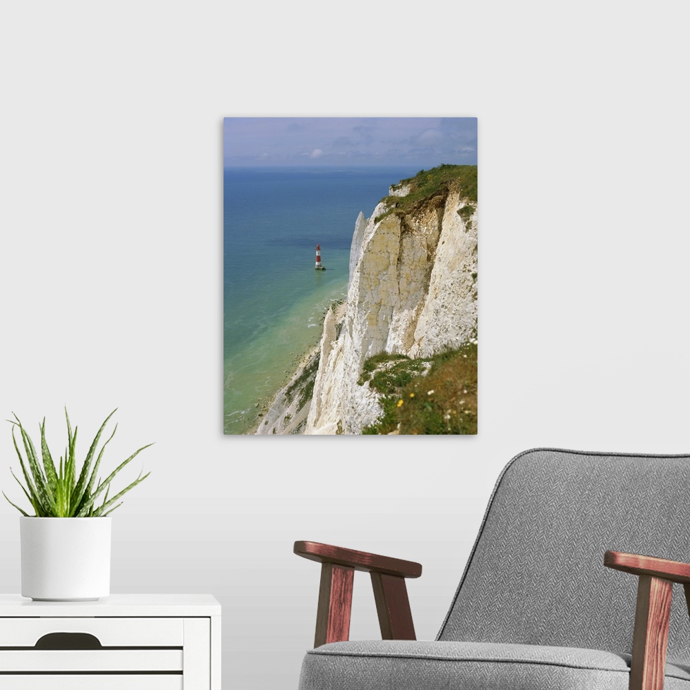 A modern room featuring Lighthouse and chalk cliffs at Beachy Head, near Eastbourne, East Sussex, England