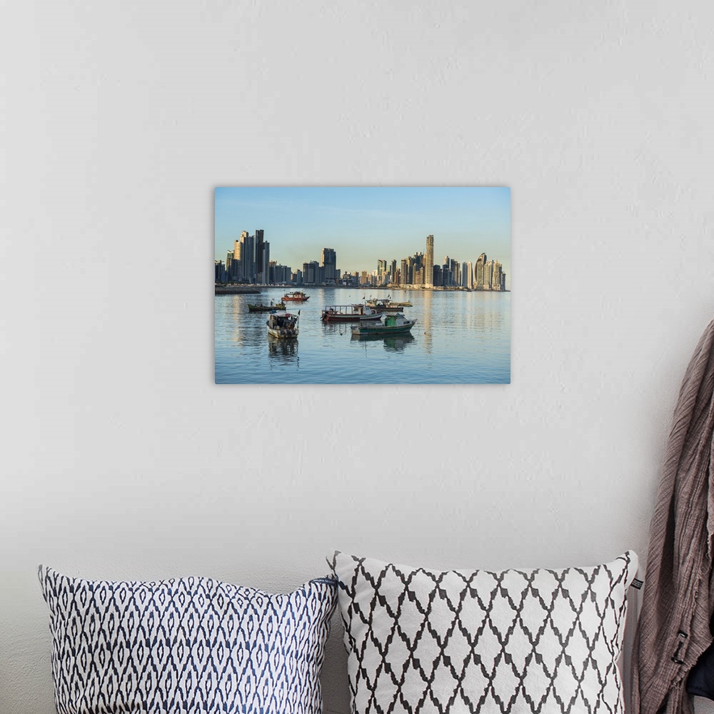 A bohemian room featuring Little fishing boats and the skyline of Panama City, Panama