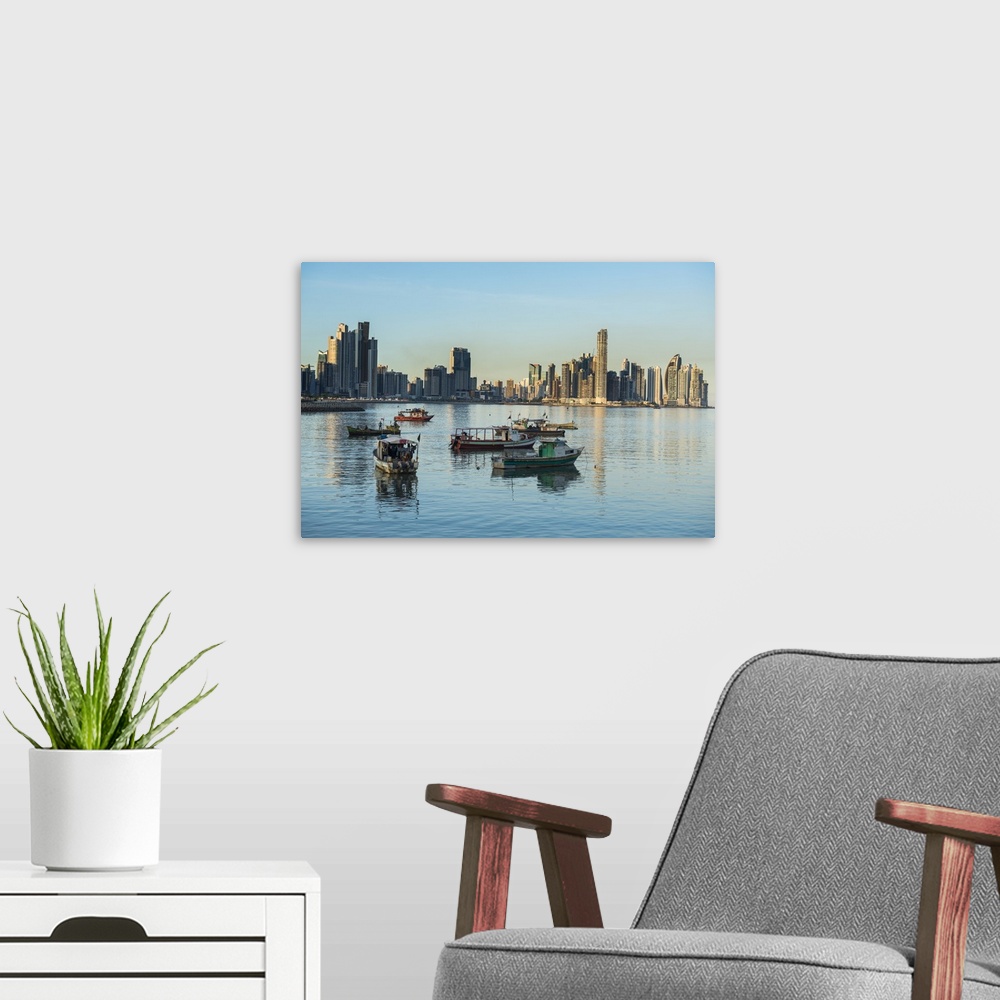 A modern room featuring Little fishing boats and the skyline of Panama City, Panama