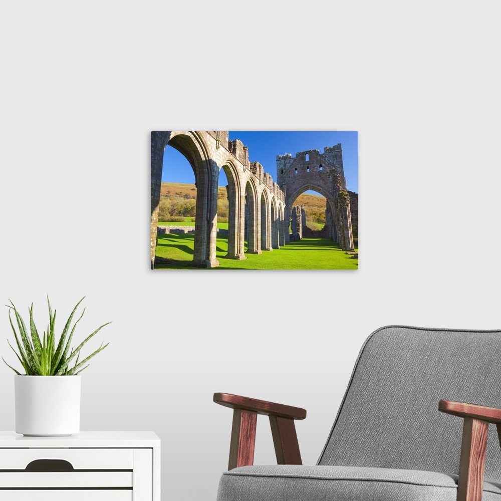 A modern room featuring Llanthony Priory, Brecon Beacons, Wales, UK
