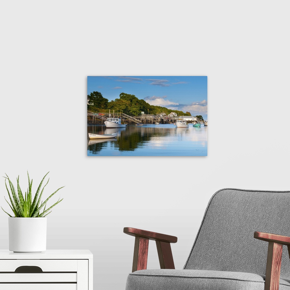 A modern room featuring Lobster fishing boats and jetties, New Harbor, Pemaquid Peninsula, Maine, New England