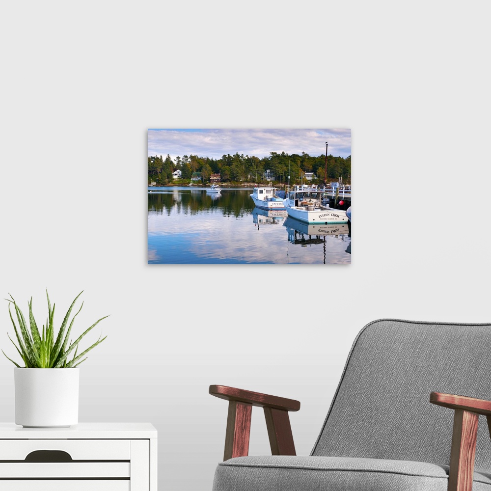A modern room featuring Lobster fishing boats, Boothbay Harbor, Maine, New England, United States of America