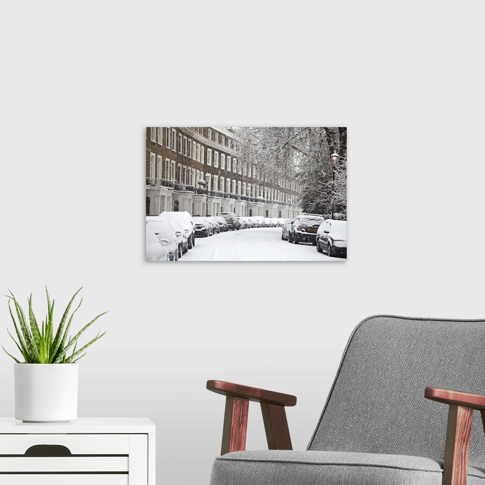 A modern room featuring London street in snow, Notting Hill, London, England, United Kingdom, Europe