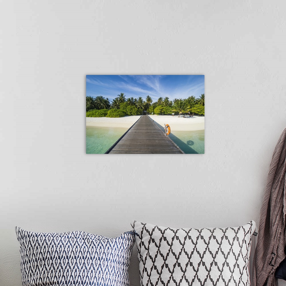 A bohemian room featuring Long pier leading to a small island over turquoise water, Sun Island Resort, Nalaguraidhoo island...