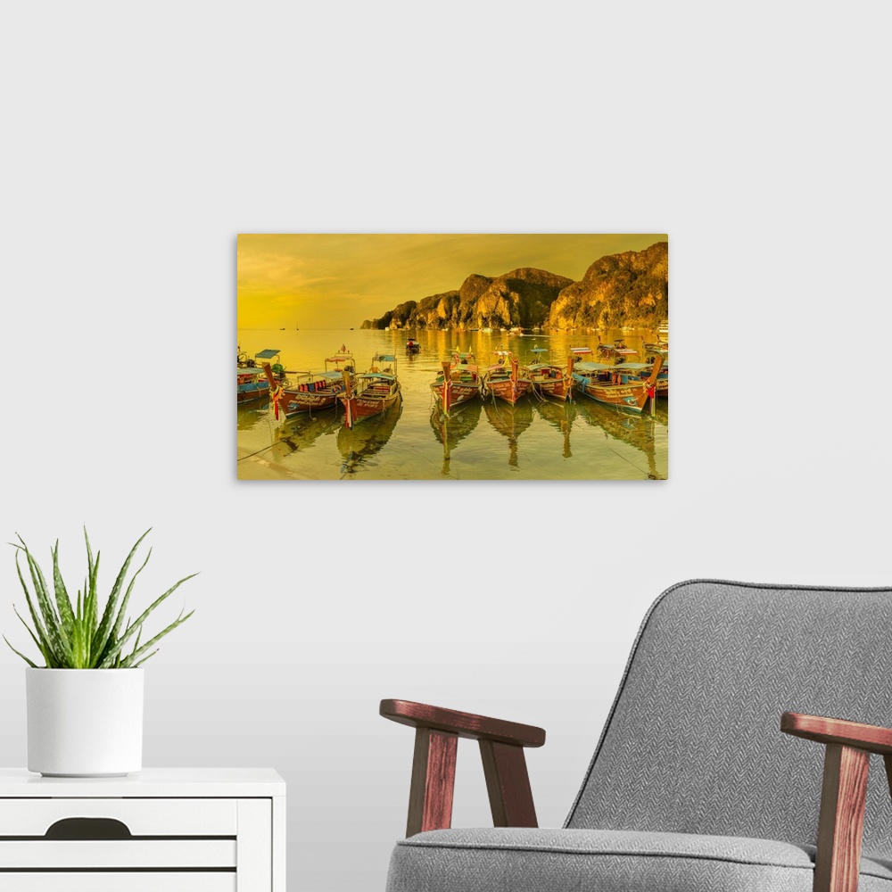 A modern room featuring Longtail boats at sunrise, Ko Phi Khi Don Island, Krabi, Thailand, Southeast Asia, Asia