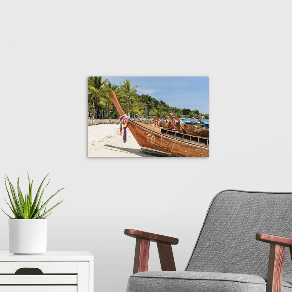 A modern room featuring Longtail boat on Ton Sai Beach, Ko Phi Phi Don, Krabi, Thailand, Andaman Sea, Indian Ocean, South...