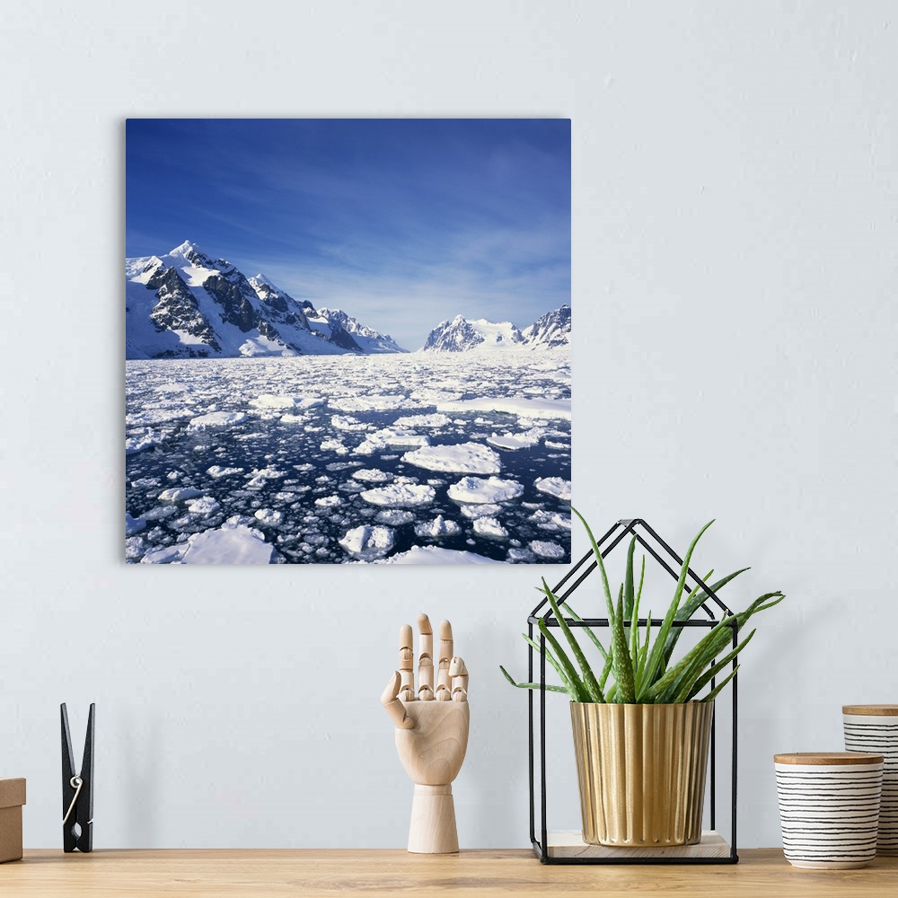 A bohemian room featuring Loose pack ice in the sea, Antarctic Peninsula in the background, Antarctica