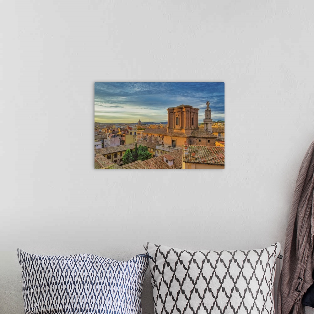 A bohemian room featuring Rooftops landscape panorama with low-rise buildings and Basilica di Sant'Andrea delle Fratte at g...