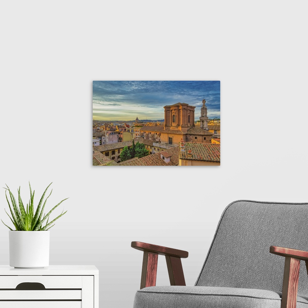 A modern room featuring Rooftops landscape panorama with low-rise buildings and Basilica di Sant'Andrea delle Fratte at g...