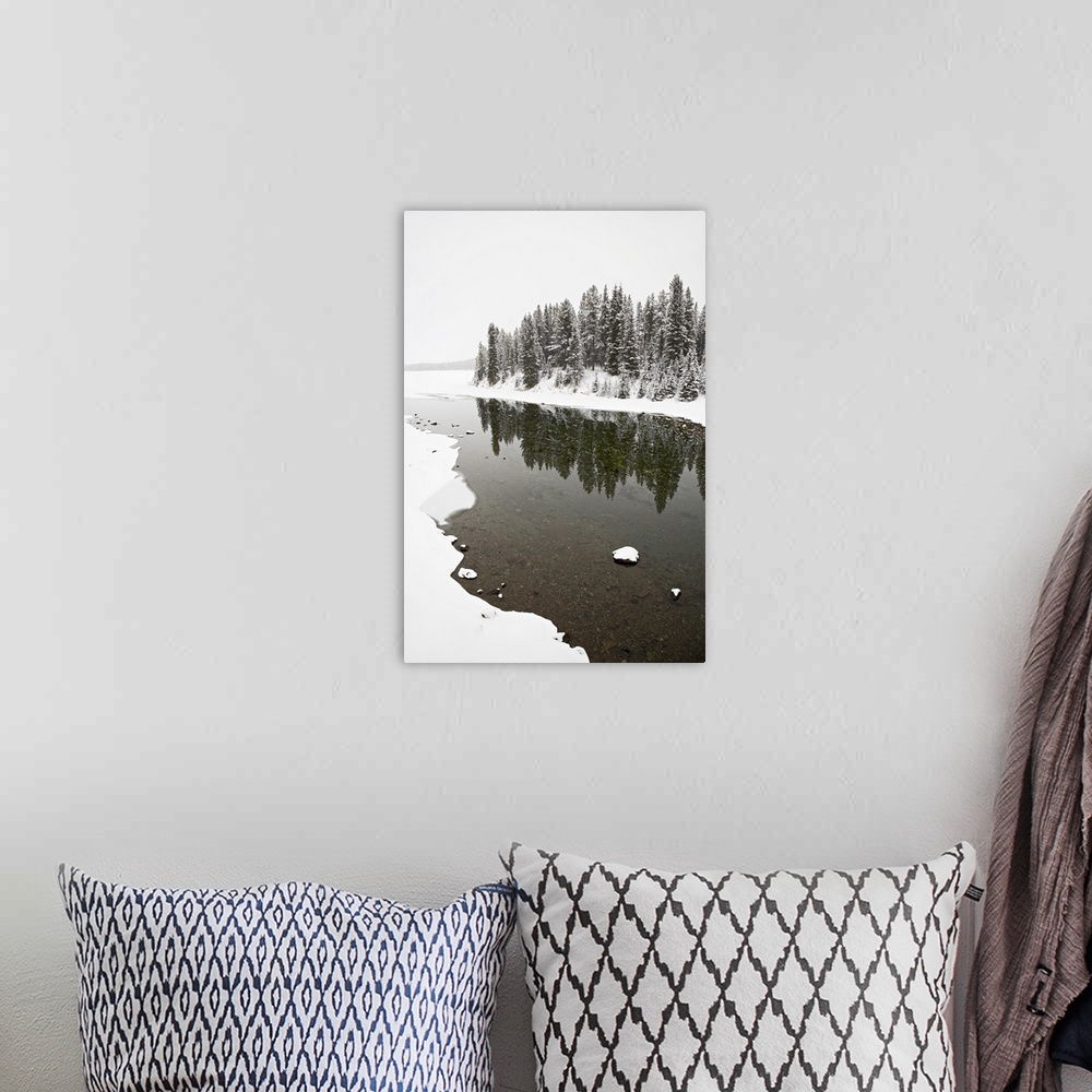 A bohemian room featuring Malign River and Malign Lake in winter, Jasper National Park, Alberta, Canada