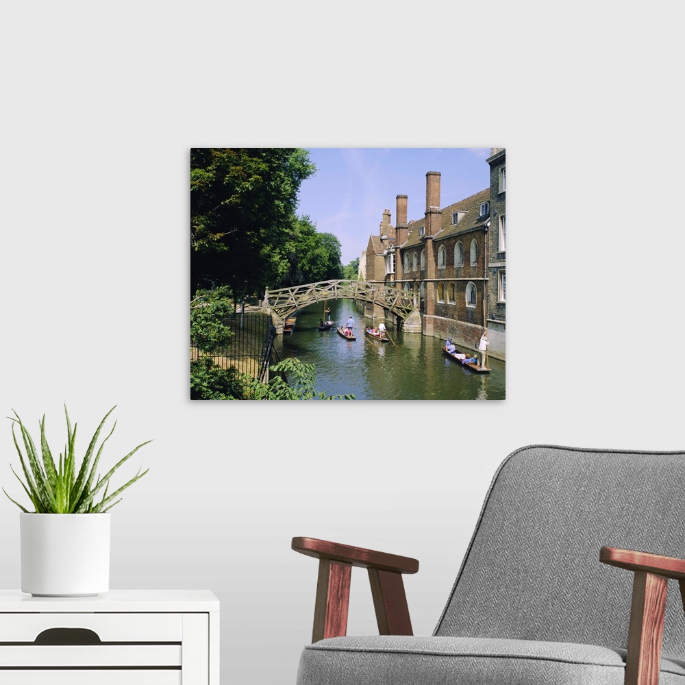 A modern room featuring Mathematical Bridge and Punts, Queens College, Cambridge, England