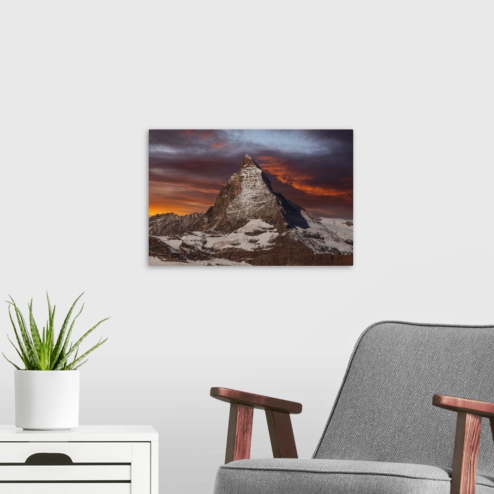 A modern room featuring Matterhorn, 4478m, at sunrise, Zermatt, Valais, Swiss Alps, Switzerland, Europe