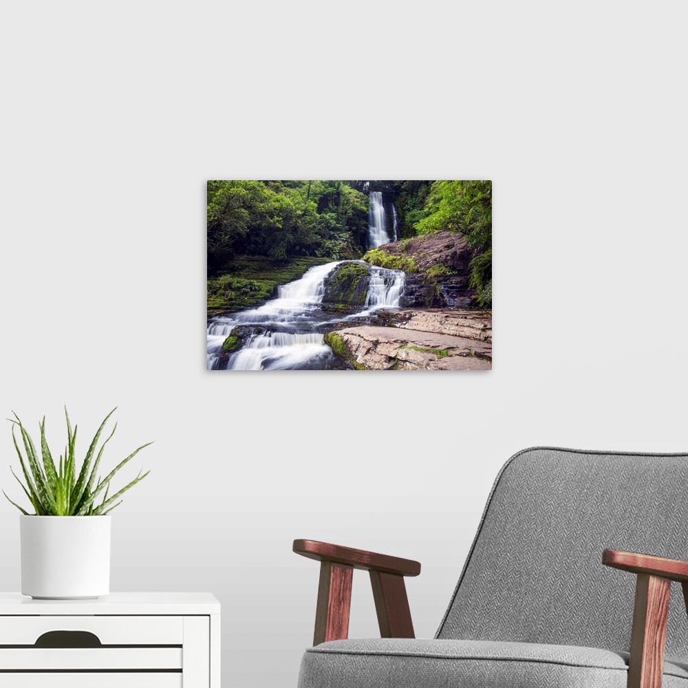 A modern room featuring McLean Falls on the Tautuku River, Chaslands, near Papatowai, Catlins Conservation Area, Clutha d...