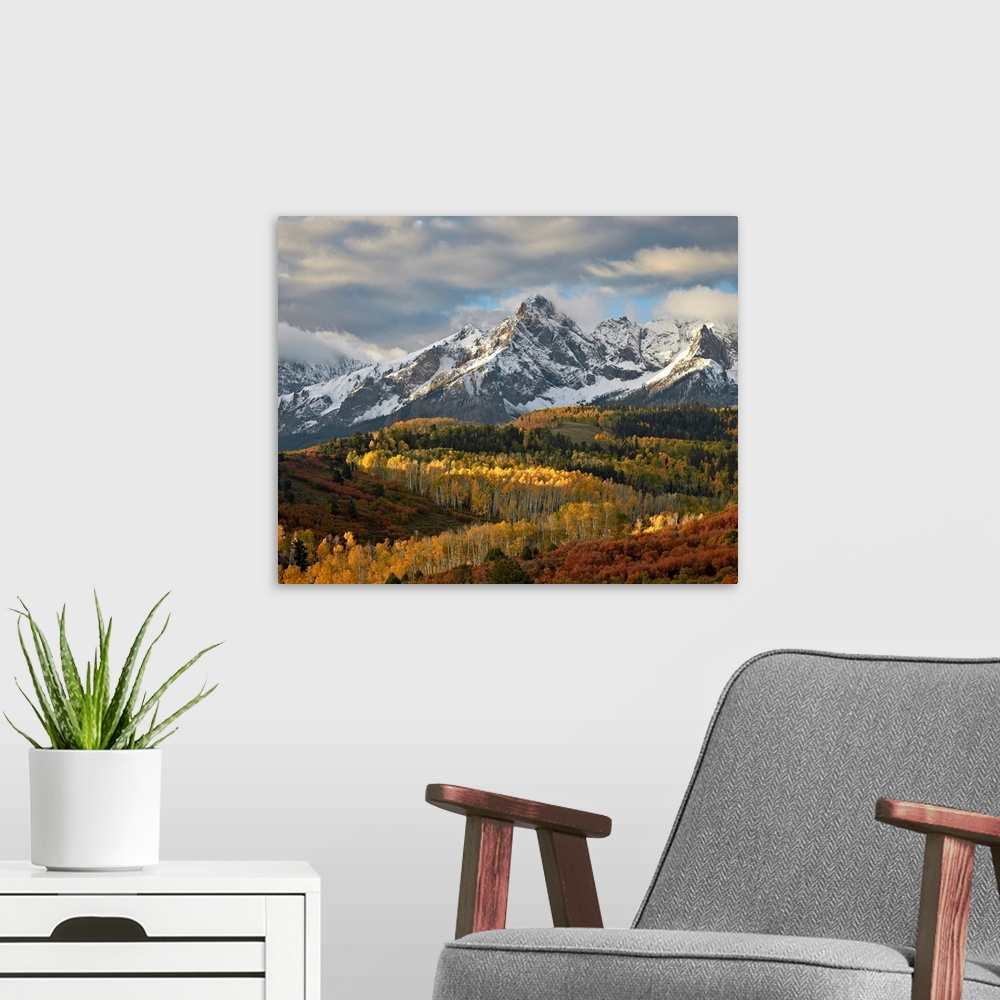 A modern room featuring Mears Peak with snow and yellow aspens in the fall, Colorado, USA