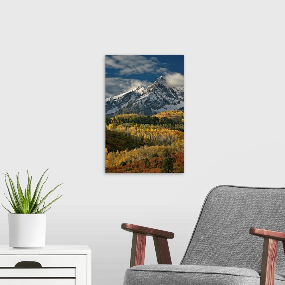 A modern room featuring Mears Peak with snow and yellow aspens in the fall, Colorado, USA