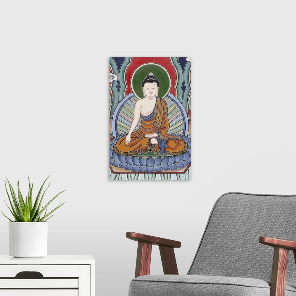 A modern room featuring Meditation posture depicted in Life of Buddha, Seoul, South Korea, Asia.