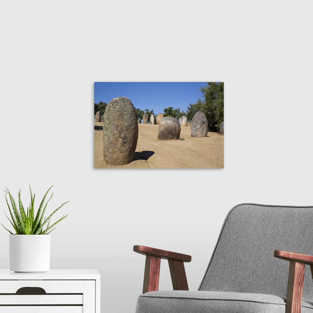 A modern room featuring Megalithic stone-circles, 5000 to 4000 BC, Almendres Cromlech, near Evora, Portugal, Europe