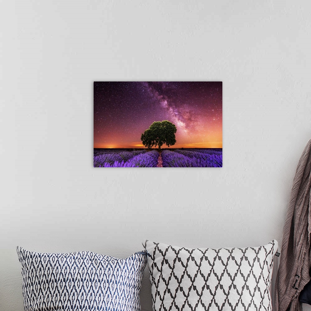 A bohemian room featuring Milky Way over a lavender field in Guadalajara province, Spain