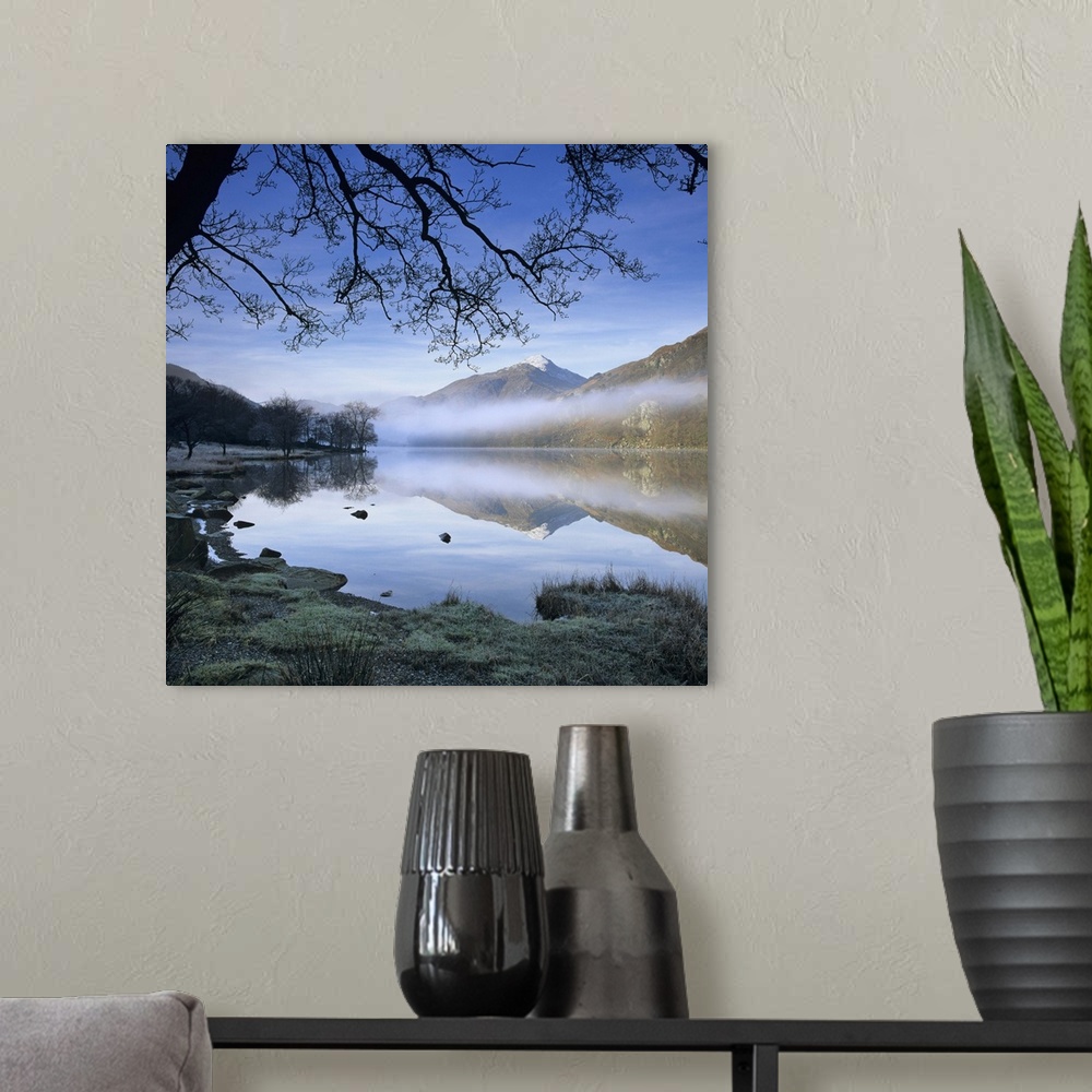 A modern room featuring Mist over Llyn Gwynant and Snowdon, Snowdonia National Park, Conwy, Wales