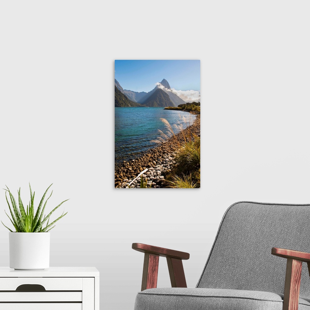 A modern room featuring Mitre Peak, Milford Sound, Fiordland National Park, South Island, New Zealand