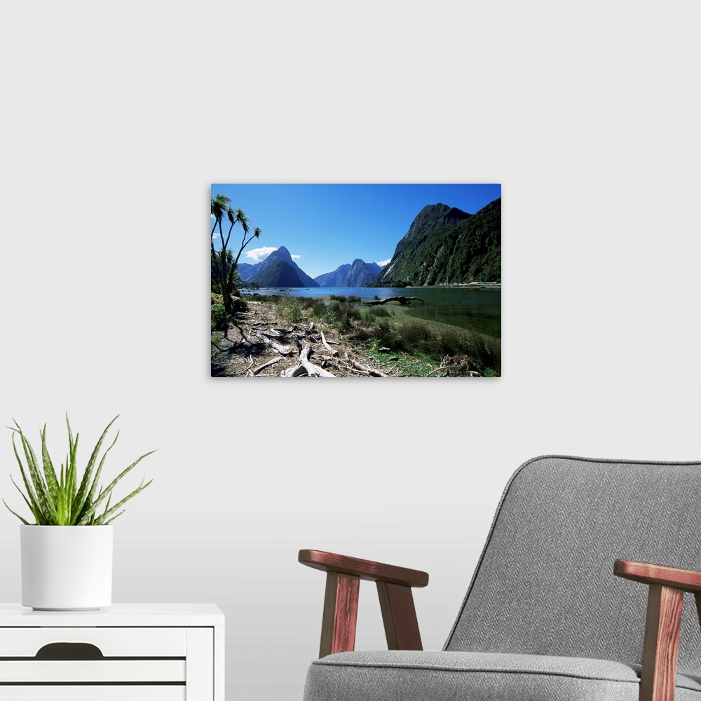 A modern room featuring Mitre Peak, Milford Sound, Otago, South Island, New Zealand, Pacific