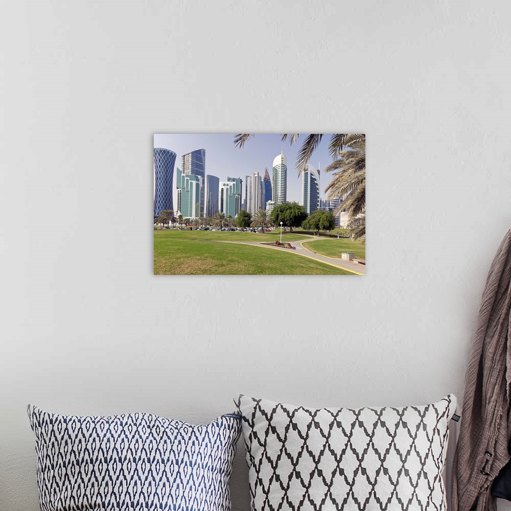 A bohemian room featuring Modern skyline of the West Bay central financial district, Doha, Qatar, Middle East