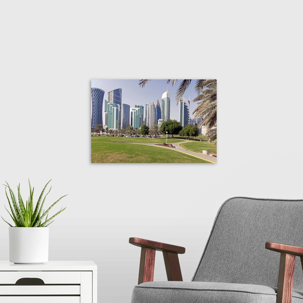 A modern room featuring Modern skyline of the West Bay central financial district, Doha, Qatar, Middle East