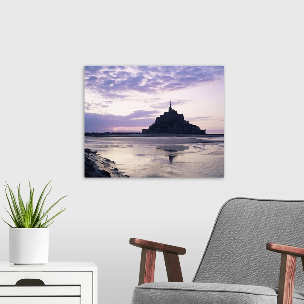 A modern room featuring Mont Saint-Michel at sunset, La Manche region, Basse Normandie France