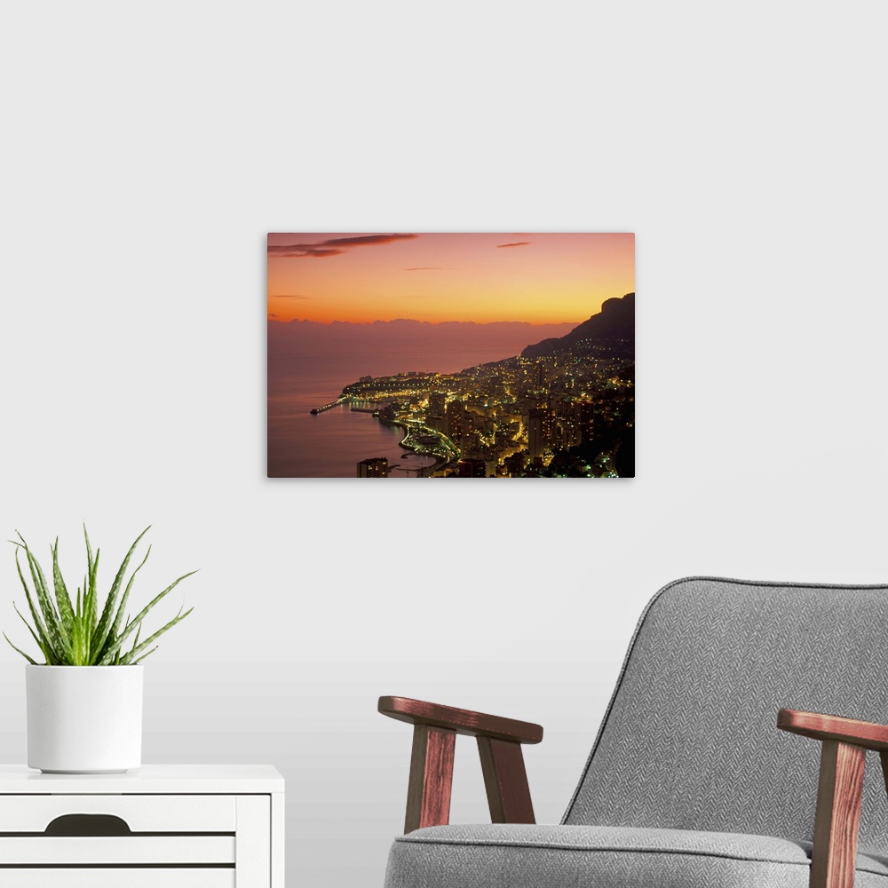 A modern room featuring Monte Carlo at sunset, Monaco, Cote d'Azur, Mediterranean