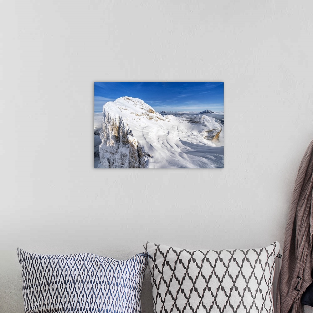 A bohemian room featuring Monte Pelmo after a snowfall, aerial view, Dolomites, Belluno province, Veneto, Italy, Europe