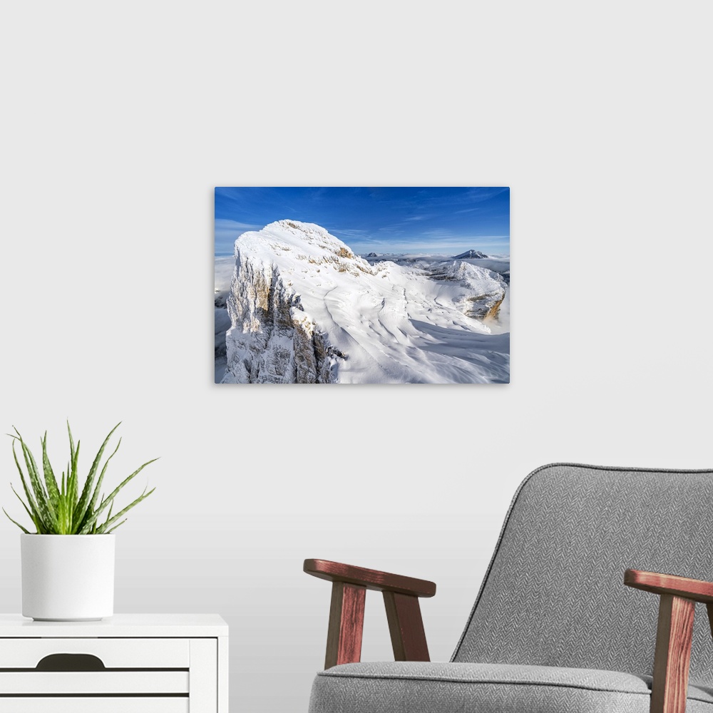 A modern room featuring Monte Pelmo after a snowfall, aerial view, Dolomites, Belluno province, Veneto, Italy, Europe