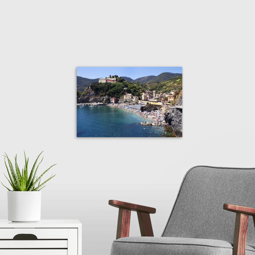 A modern room featuring The Old Town Beach at Monterosso al Mare from the Cinque Terre Coastal Path, Cinque Terre, UNESCO...