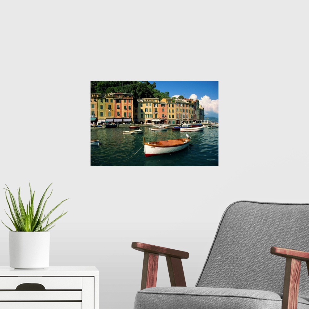 A modern room featuring Moored boats and architecture of Portofino, Liguria, Italy, Mediterranean