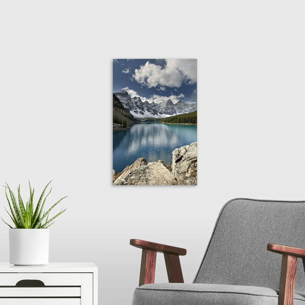 A modern room featuring Moraine Lake in the fall with fresh snow, Banff National Park, Alberta, Canada
