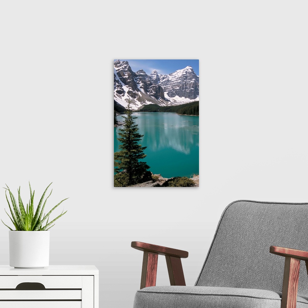 A modern room featuring Moraine Lake with mountains, Banff National Park, Canada