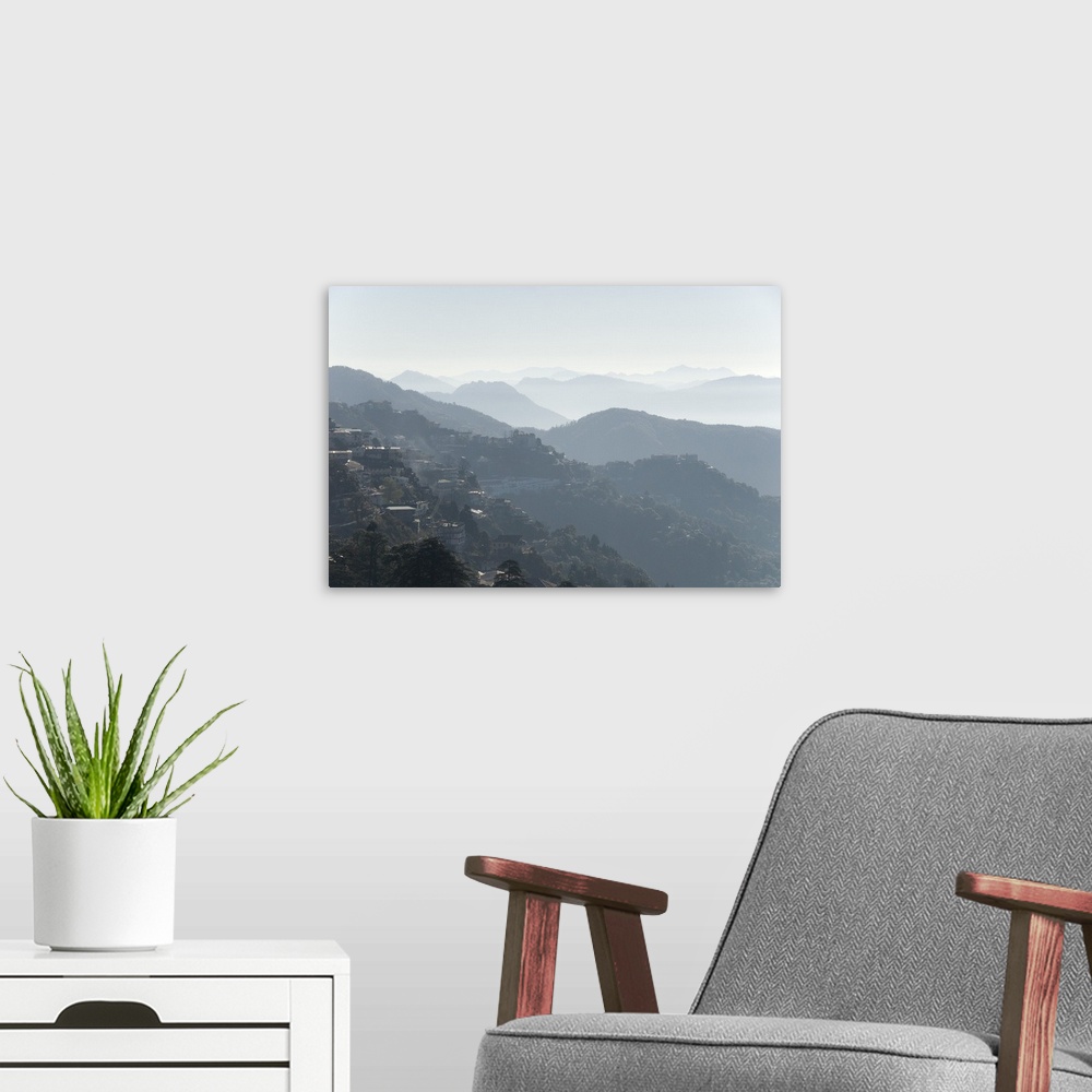 A modern room featuring View south from Mussoorie over morning mist on foothills of Garwhal Himalaya, Uttarakhand, India,...