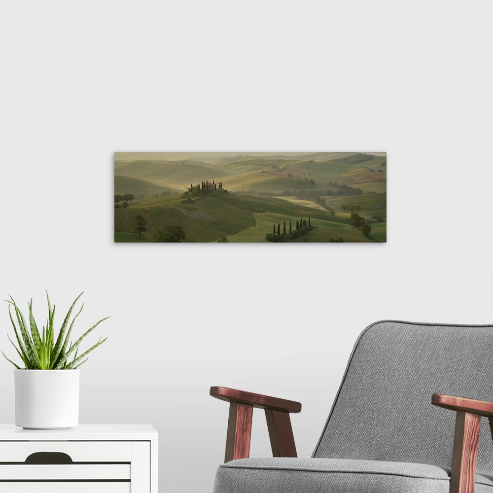 A modern room featuring Morning view across Val d'Orcia to The Belvedere, Tuscany, Italy