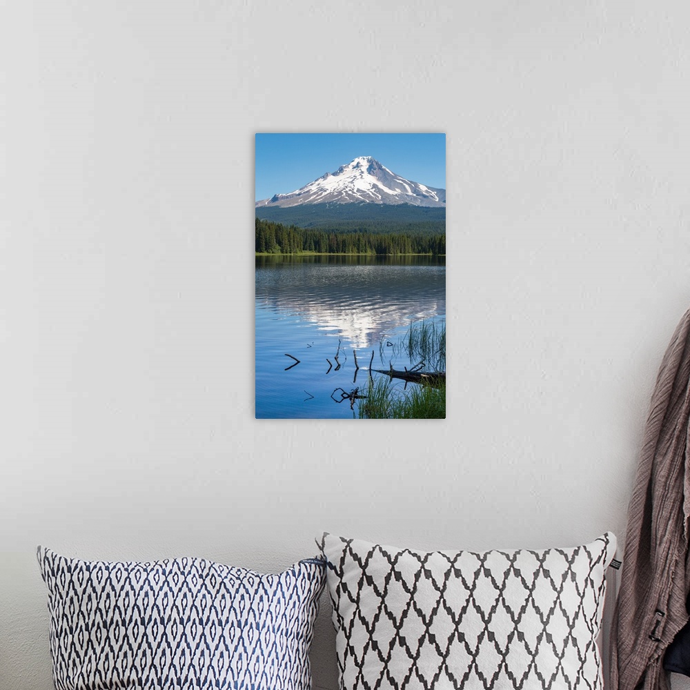 A bohemian room featuring Mount Hood, part of the Cascade Range, perfectly reflected in the still waters of Trillium Lake, ...