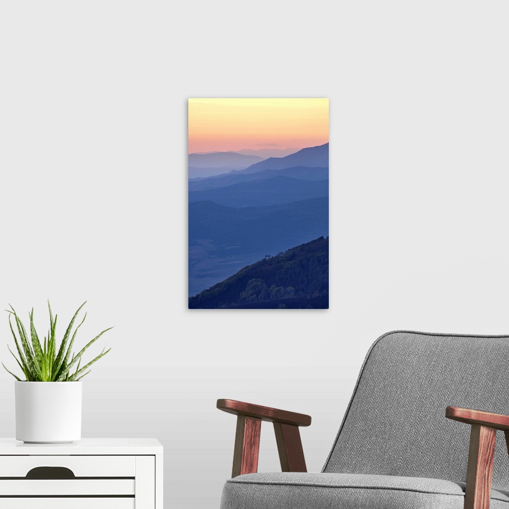 A modern room featuring Mountain layers at sunset, Manti-La Sal National Forest, Utah