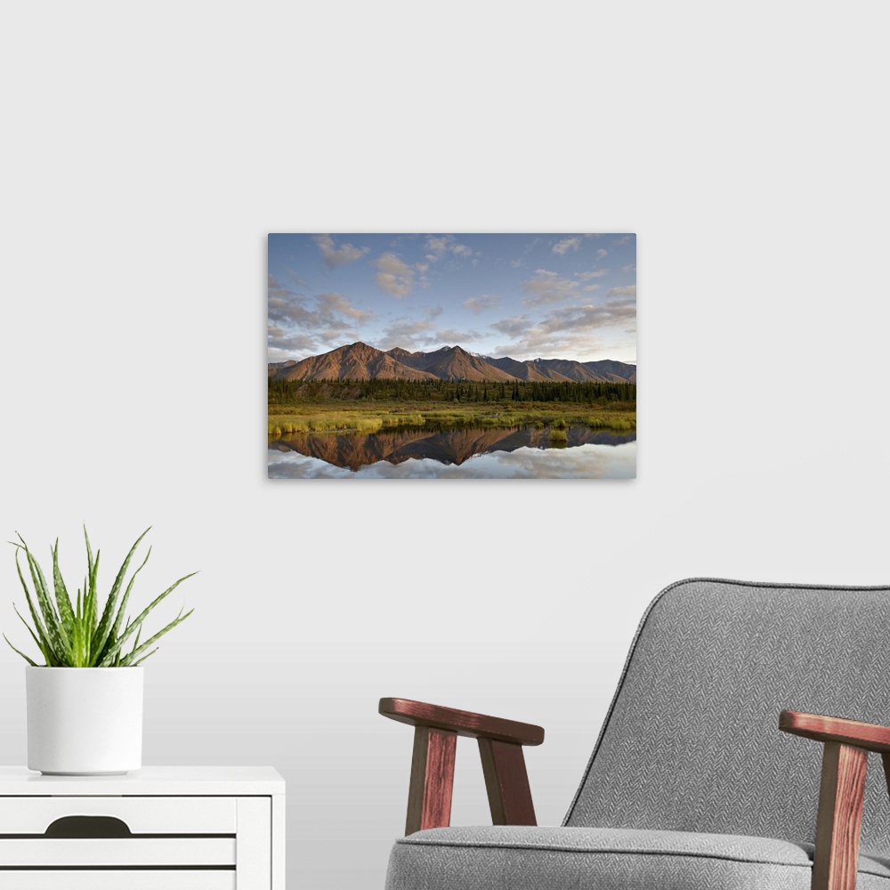 A modern room featuring Mountains reflected in a pond along the Denali Highway, Alaska, United States of America, North A...