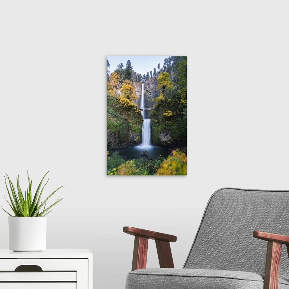 A modern room featuring Multnomah Falls in autumn, Cascade Locks, Multnomah county, Oregon, United States of America, Nor...