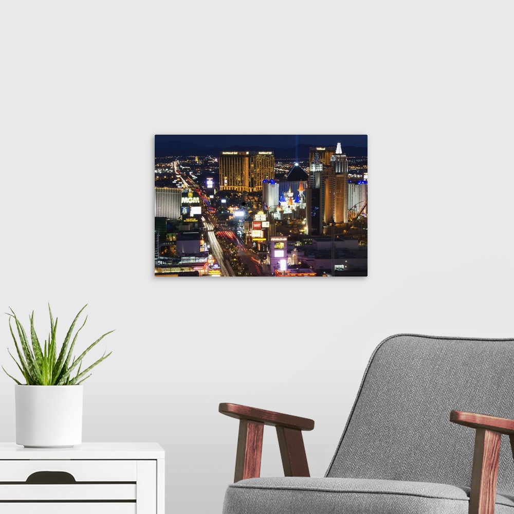 A modern room featuring Neon lights of the The Strip at night, Las Vegas, Nevada