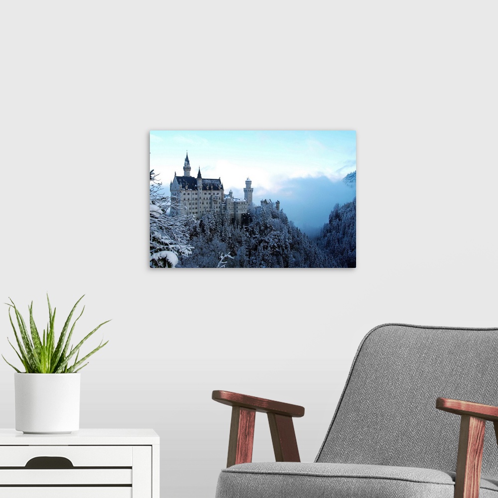 A modern room featuring Neuschwanstein Castle in winter, Schwangau, Allgau, Bavaria, Germany, Europe