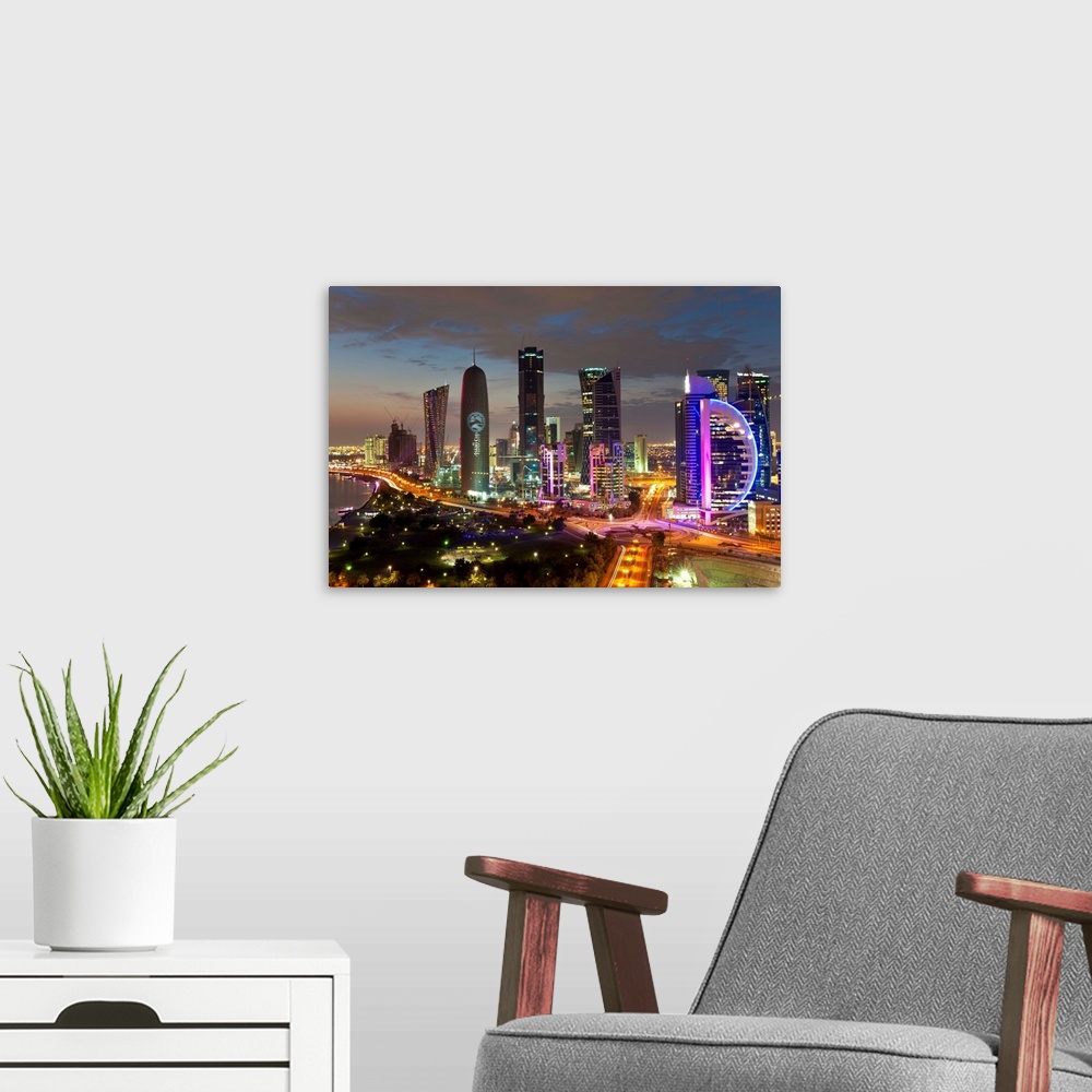 A modern room featuring New skyline of the West Bay central financial district, Doha, Qatar, Middle East