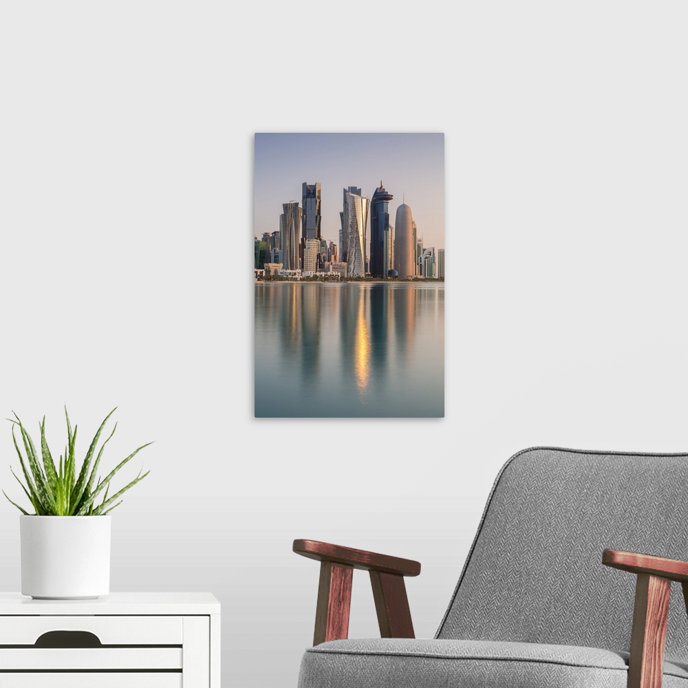 A modern room featuring New skyline of the West Bay central financial district of Doha, Qatar, Middle East