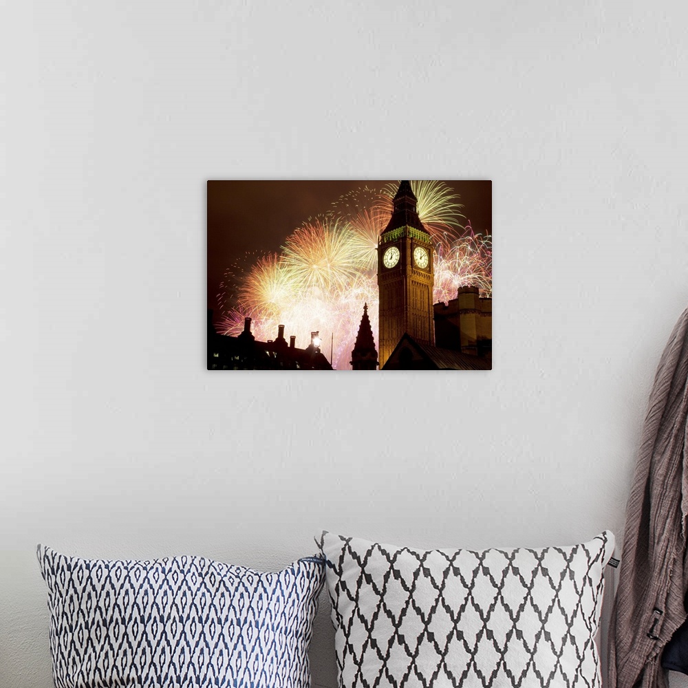 A bohemian room featuring New Year fireworks and Big Ben, Westminster, London, England, United Kingdom, Europe