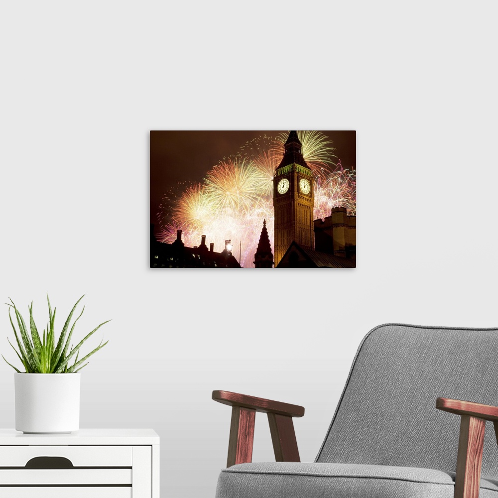 A modern room featuring New Year fireworks and Big Ben, Westminster, London, England, United Kingdom, Europe