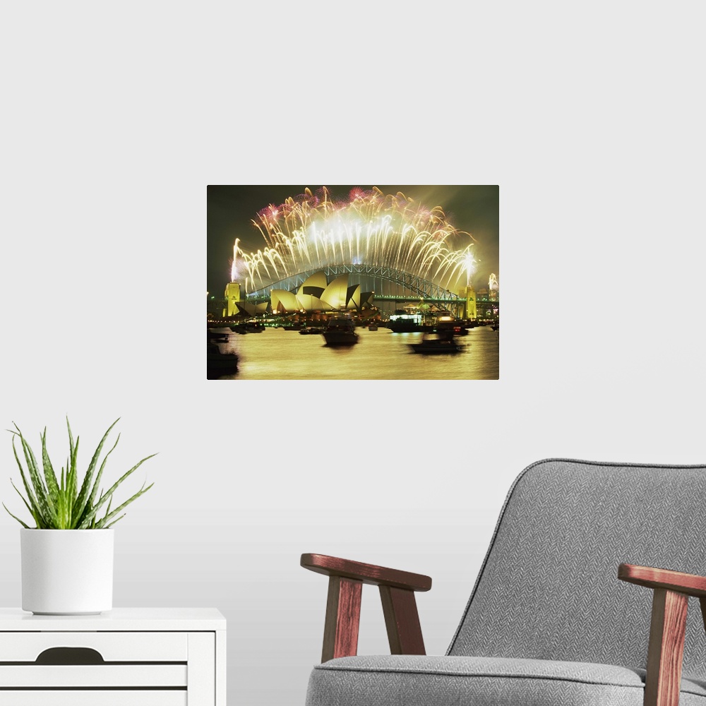 A modern room featuring New Year's Eve firework display, Sydney, New South Wales, Australia