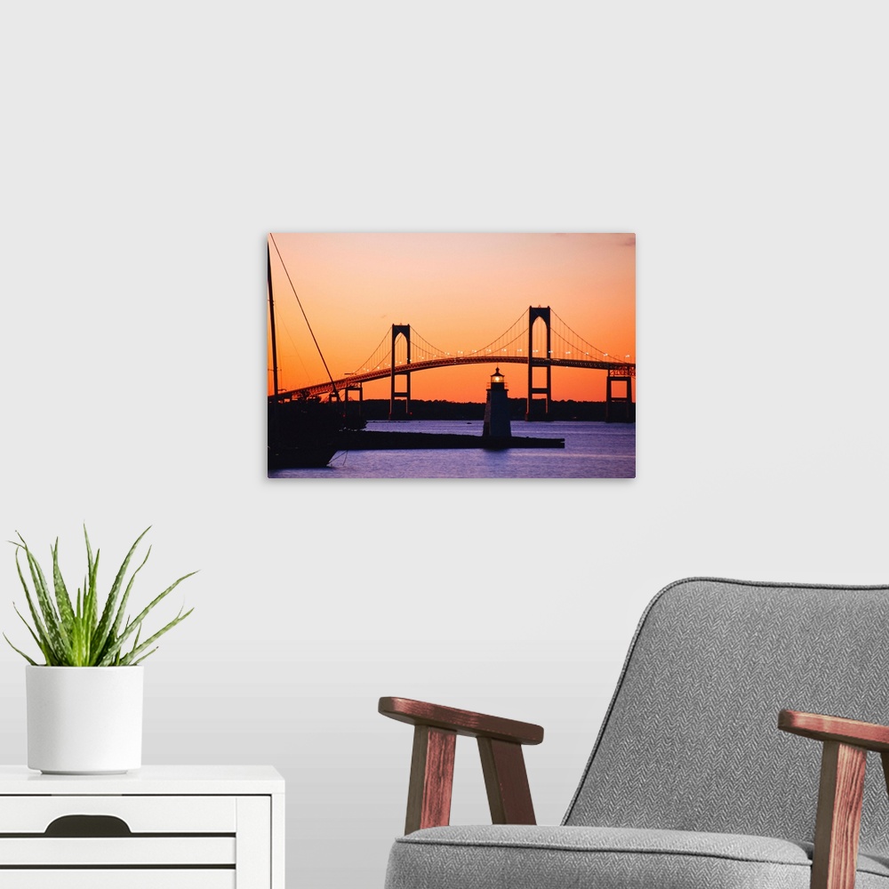 A modern room featuring Newport Bridge and Harbor at sunset, Newport, Rhode Island